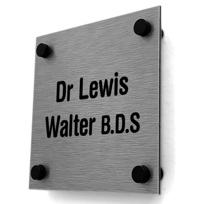 Icon sign with dentist name steel on black button fixings